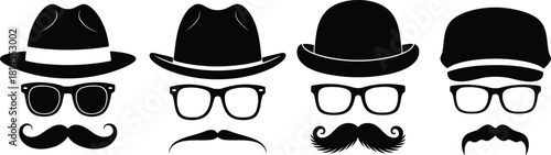 Four Black Icon Sets Hats, Glasses, and Mustaches in a Row Silhouette