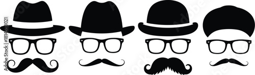 Four Silhouette Faces Black Hats, Glasses, and Mustaches on a White Background