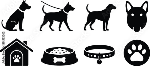 Silhouetted Dog Icons Breeds, Doghouse, Paw Print, Collar, and Food Bowl Depicted in Black