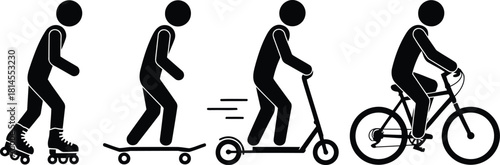 Stick Figure Icons Roller Skate, Skateboard, Scooter, and Bicycle Usage on White Background