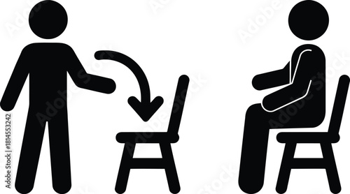 Stick Figure Man Shows How to Sit Properly in a Chair Illustration Black and White