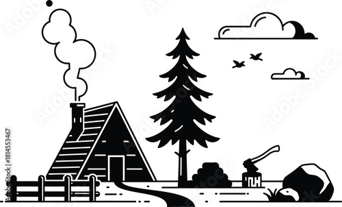 Rustic cabin in the woods black and white illustration