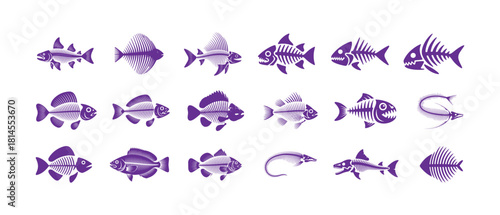 Set of various fish skeletons and fish bone structures in purple hues on a white background