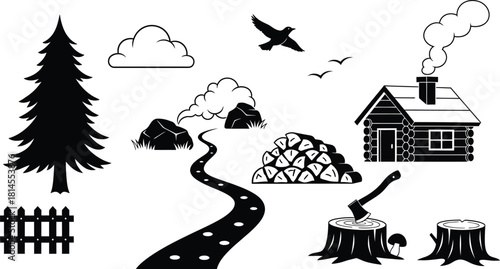 Hand drawn rustic cabin scene with mountains and nature elements