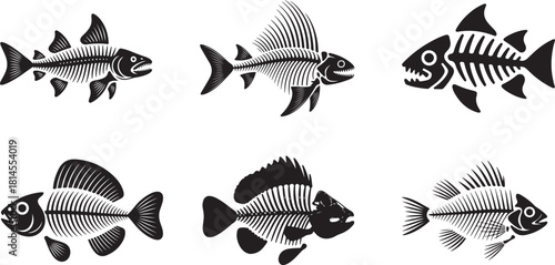 Set of fish skeleton in black color isolated on transparent background for logo or tattoo design