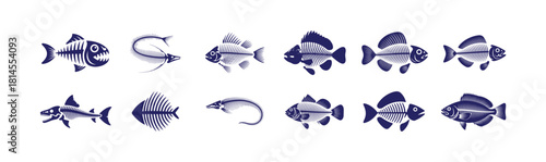 Diverse collection of fish skeletons and fish bone structures in dark blue on a white background