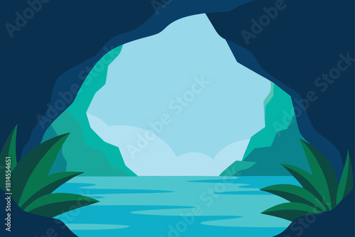 Entrance to a mysterious grotto with calm blue waters Vector