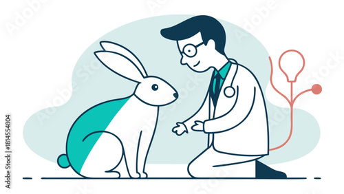 Veterinarian examining a rabbit in flat style illustration representing animal healthcare and medical care
