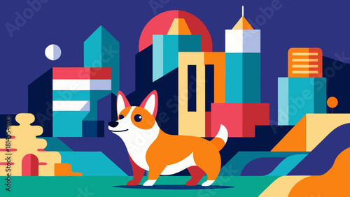 Cute cartoon corgi dog standing in colorful cityscape with modern urban buildings in flat style illustration