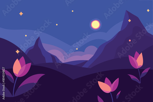Flat design night mountain scene with colorful flowers Vector