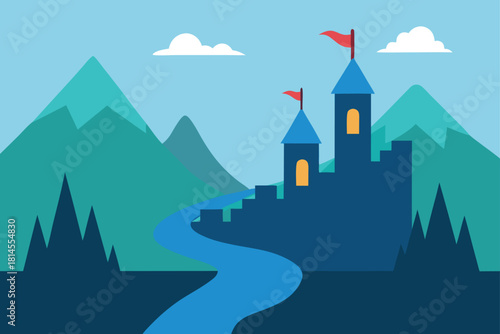 Flat design fantasy castle river mountains vector art Vector