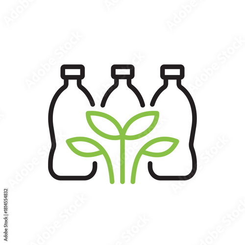 Bioplastics icon, biodegradable bottles line vector