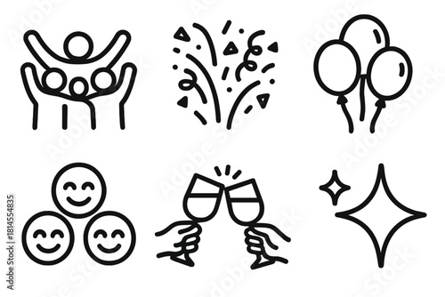 Celebration Silhouettes. Joyful Gathering linear icon set : group silhouette, confetti burst, clinking glasses, balloon cluster, smiling faces, star sparkle