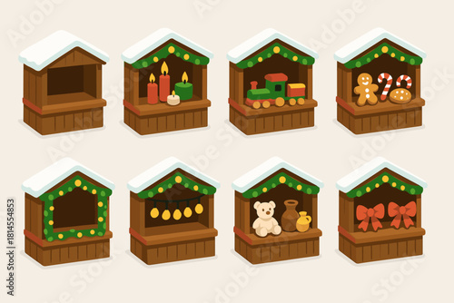 Festive Market Icons. Christmas Market Wooden Stalls flat icon set: snow-covered stall, candles for sale, toy train, festive pastries, garland frame, warm lighting, handmade crafts