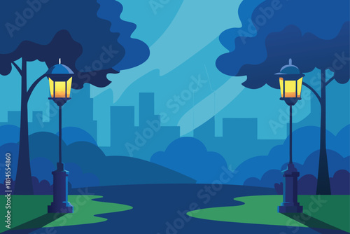 Evening park path with glowing street lamps and city Vector