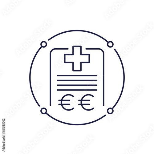 medical bill icon, healthcare costs line design with euro
