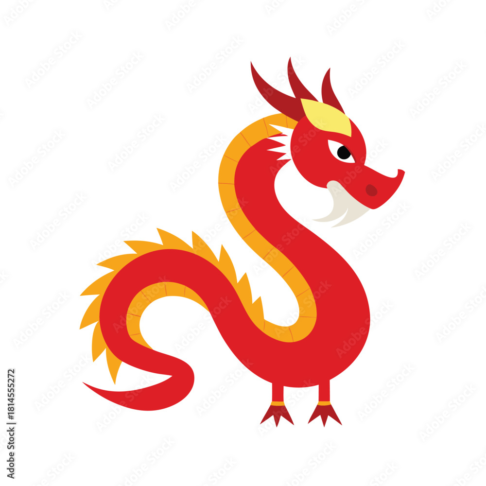 Fototapeta premium Red and Yellow Chinese Dragon Standing Festive Creature Keywords: Chinese dragon, mythical creature, legend, folklore, Asian dragon, red dragon