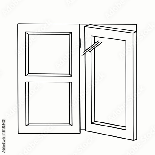 Simple line drawing of an open double-pane window with three sections and visible hinges