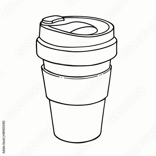 Line art of reusable coffee cup with lid and sleeve isolated on white background