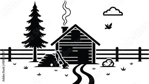 Cabin in the woods black and white illustration with nature elements