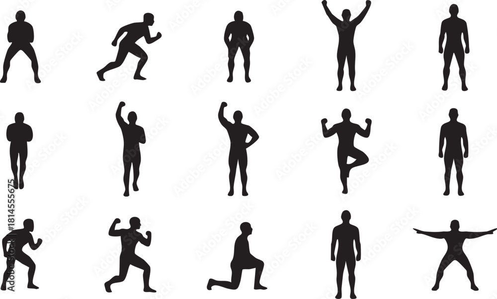 Naklejka premium Human silhouettes in various poses, depicting movement, exercise, and body positions, ideal for fitness and sports concepts