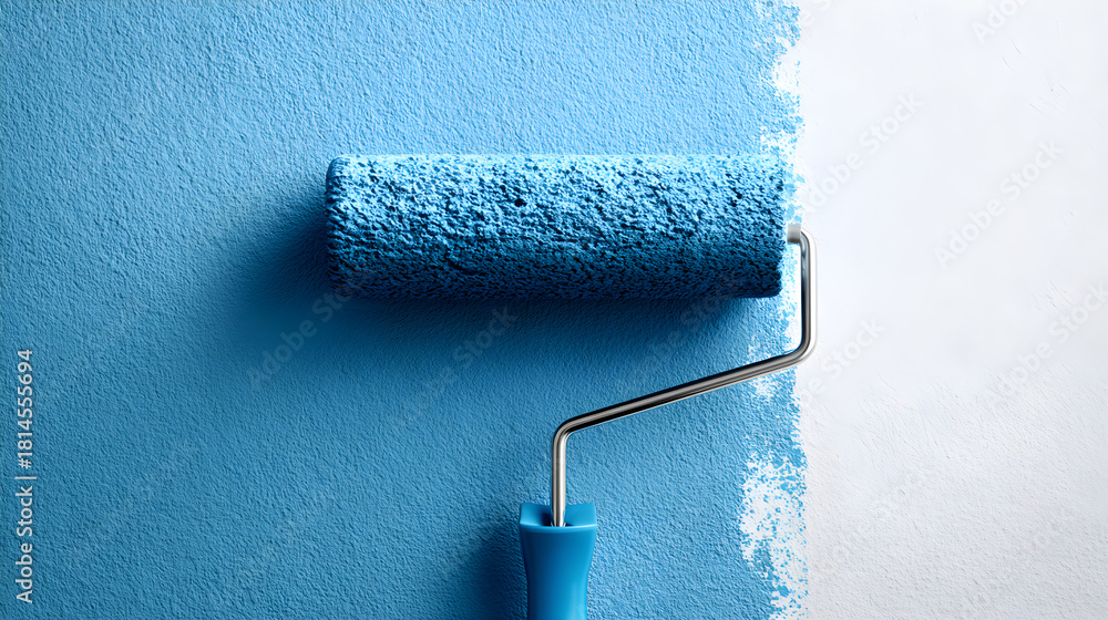 Obraz premium Paint roller applying blue paint on white wall