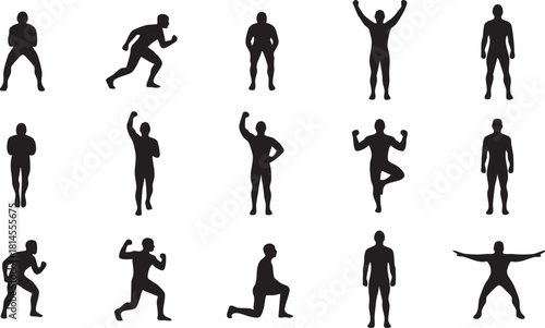 Human silhouettes in various poses, depicting movement, exercise, and body positions, ideal for fitness and sports concepts