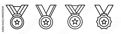 Award achievement medal outline icon set with star symbols win