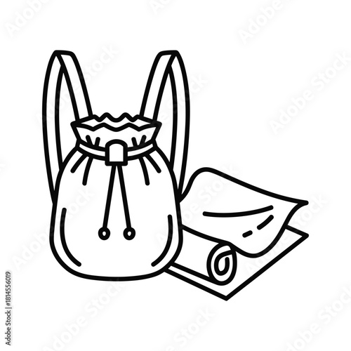 Simple black and white line art icon representing an intravenous fluid bag with tubing, isolated on