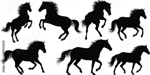 Wild and powerful running horse silhouettes set, collection of spirited mustang and stallion in various motion poses with flying manes and tails.