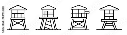 Lifeguard towers and watchtowers line art icon collection set.