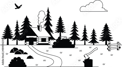 Rustic cabin in the woods black and white vector illustration
