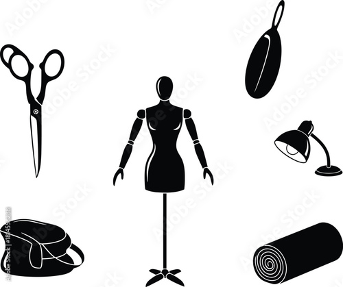 Sewing and dressmaking tools and mannequin in black and white