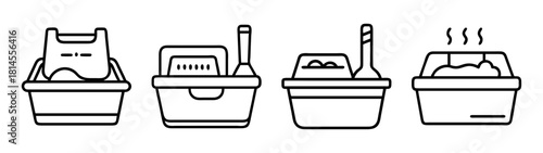 Food delivery containers line icons set, takeaway meal packaging