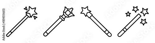 Magic wand outline icons, spell tools, enchantment, and wizardry