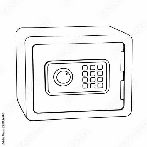 Black and white illustration of a safe with digital keypad for security and protection concepts