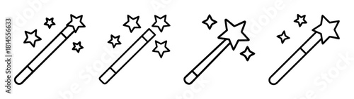 Magic wand icon set with sparkling stars, outline illustration