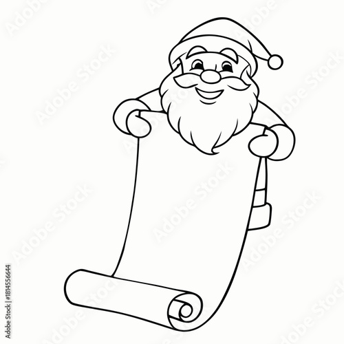 Santa claus holding a long wishlist with rolled paper and smiling face in black and white illustration