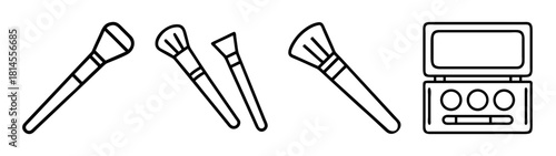 Makeup brushes and eyeshadow palette line art icons collection