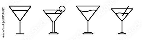 Minimalist line art icons of various cocktail martini glasses