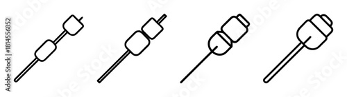 Marshmallow skewer line icons set for sweet treats and campfire