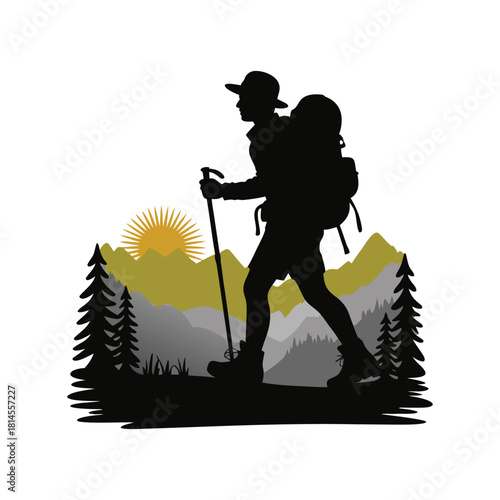 Hiker silhouette with backpack and trekking pole in mountain nature landscape