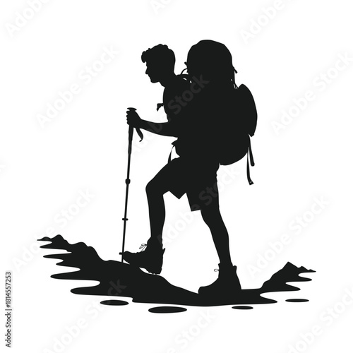 Hiker silhouette with backpack and trekking pole ascending uphill terrain