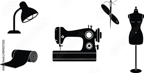 Sewing room black and white silhouette with mannequin and sewing machine