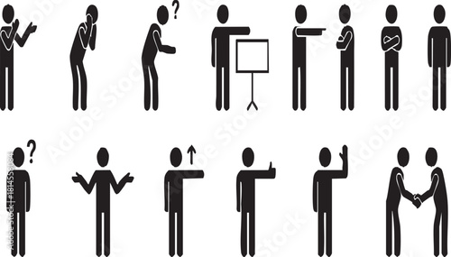 Black stick figures illustrating various human actions, gestures, and communication poses, including questioning, presenting, and interaction