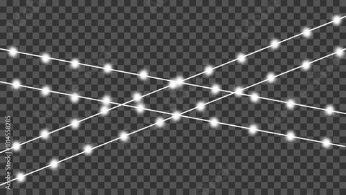 White glowing mini string light set with soft shiny rays and bright flare effect on transparent background. Decorative sunburst element for festive or luxury design. Vector illustration.