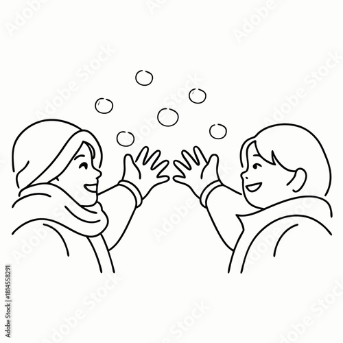 Two people in winter attire having a snowball fight with playful expressions