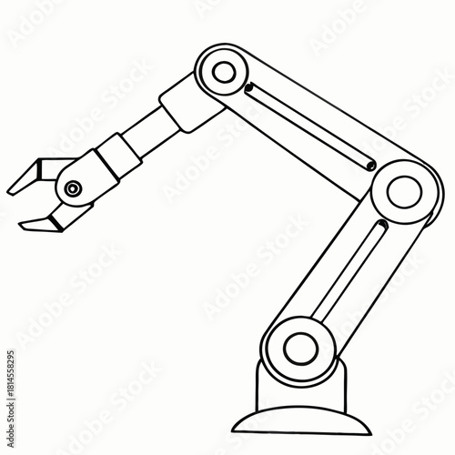 Single line art icon of a robotic arm with jointed segments and claw on base. Minimal monochrome outline useful in factory automation projects and engineering infographics plus technical tutorials.