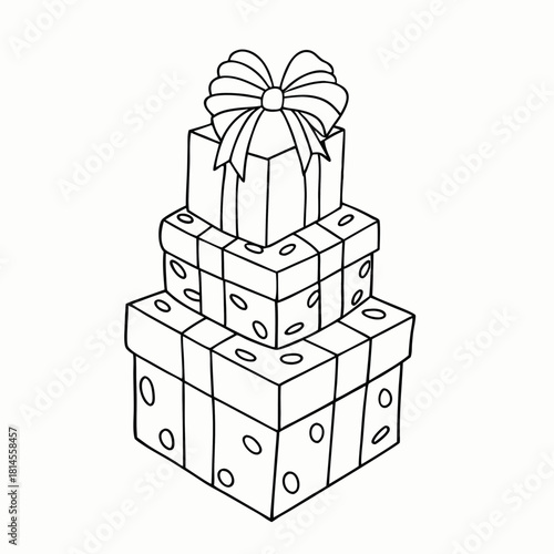 Black and white illustration of stack of wrapped presents with ribbons and bows