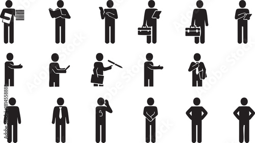 A collection of black stick figures illustrating various business people and office workers engaged in different actions and roles